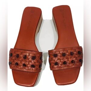 TORY BURCH BASKET WEAVE CLOG brown leather wooden slip on Womens 8